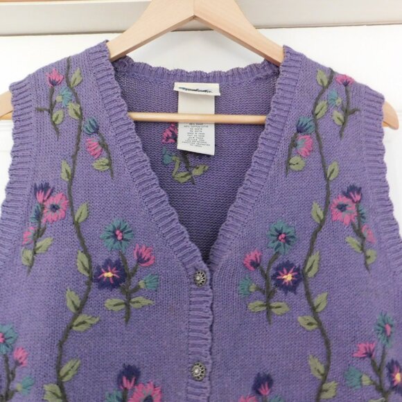 Vtg Northern Reflections Sweater Vest Embroidered Floral Purple Grannycore Large - Picture 2 of 6
